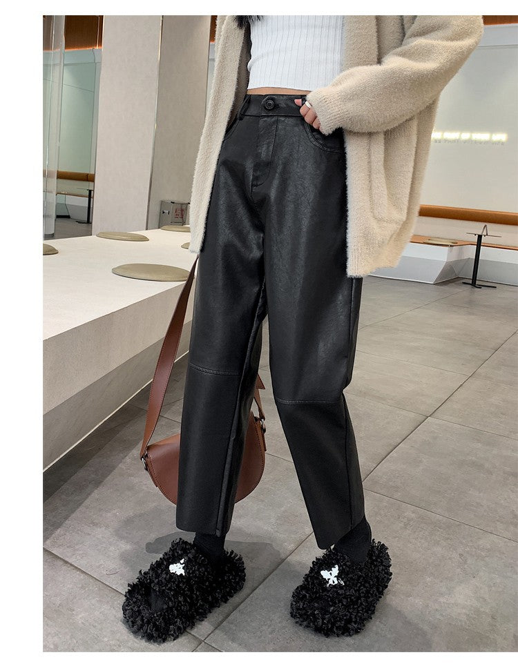Autumn Winter PU Leather Vintage Women's Ankle Length Pants 2024 New High Waist Zipper Black Straight Pants Female Pockets