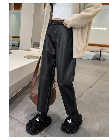 Autumn Winter PU Leather Vintage Women's Ankle Length Pants 2024 New High Waist Zipper Black Straight Pants Female Pockets