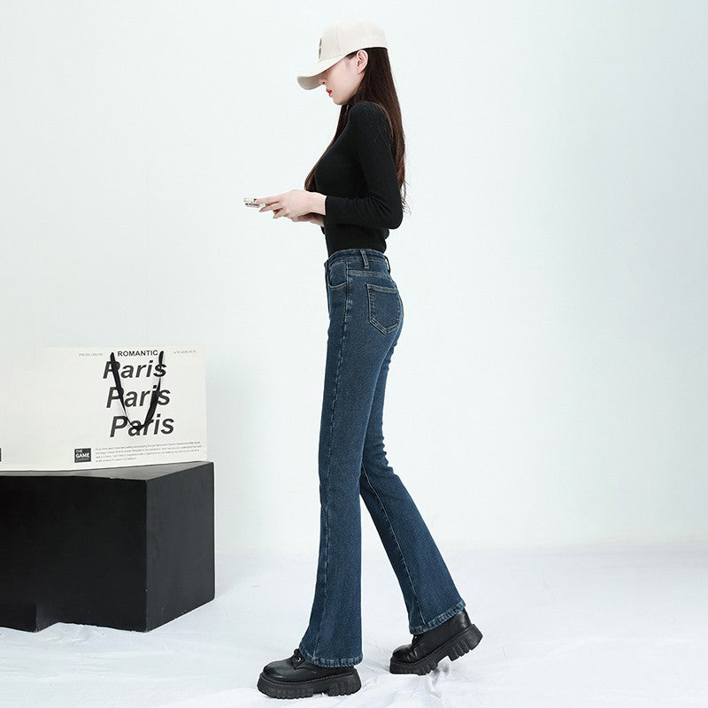 Winter Female Thin Snow Warm Plush Jeans Lady Chic Fleece Flared Pants Girls Korean High Waist Straight Leg Denim Trousers