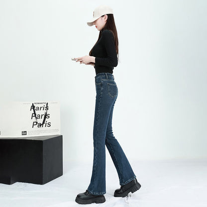 Winter Female Thin Snow Warm Plush Jeans Lady Chic Fleece Flared Pants Girls Korean High Waist Straight Leg Denim Trousers