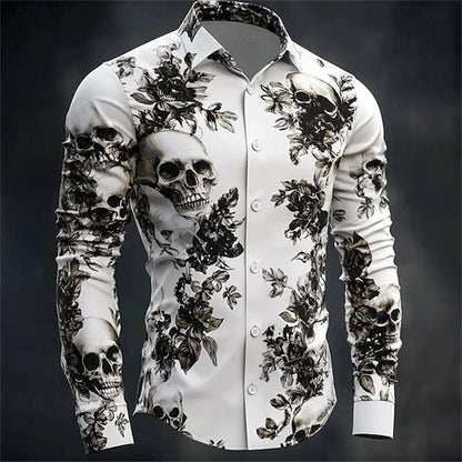 Men's Skull Day of the Dead Rose Shirt Casual Formal Button Shirt Long Sleeve Dark Punk Gothic Style Holiday Lapel Shirt White