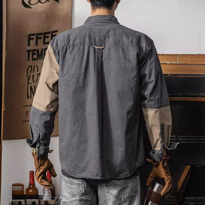 Spring and autumn new American vintage khaki loose long-sleeved shirt Japanese casual cargo shirt men's patchwork trend top