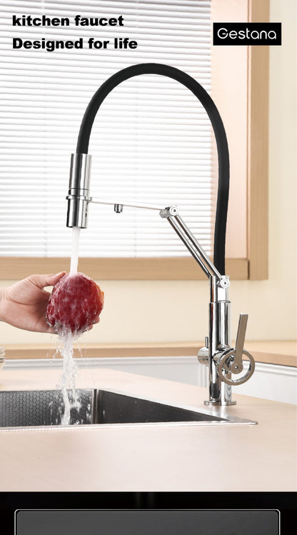 Torneira de Cozinha Moderna em Latão Cromado com Spray Retrátil 3 em 1, Função de Água Pura, Furo Único, Misturador de Pia Quente e Frio com 2 Alças