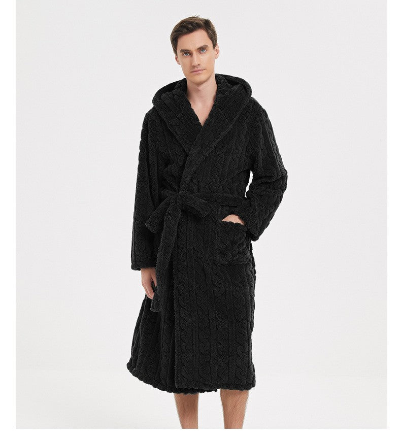 New American Cotton Velvet Jacquard Hooded Men's Dressing Gown with Fleece Thickened Autumn and Winter Couple Dressing Gown