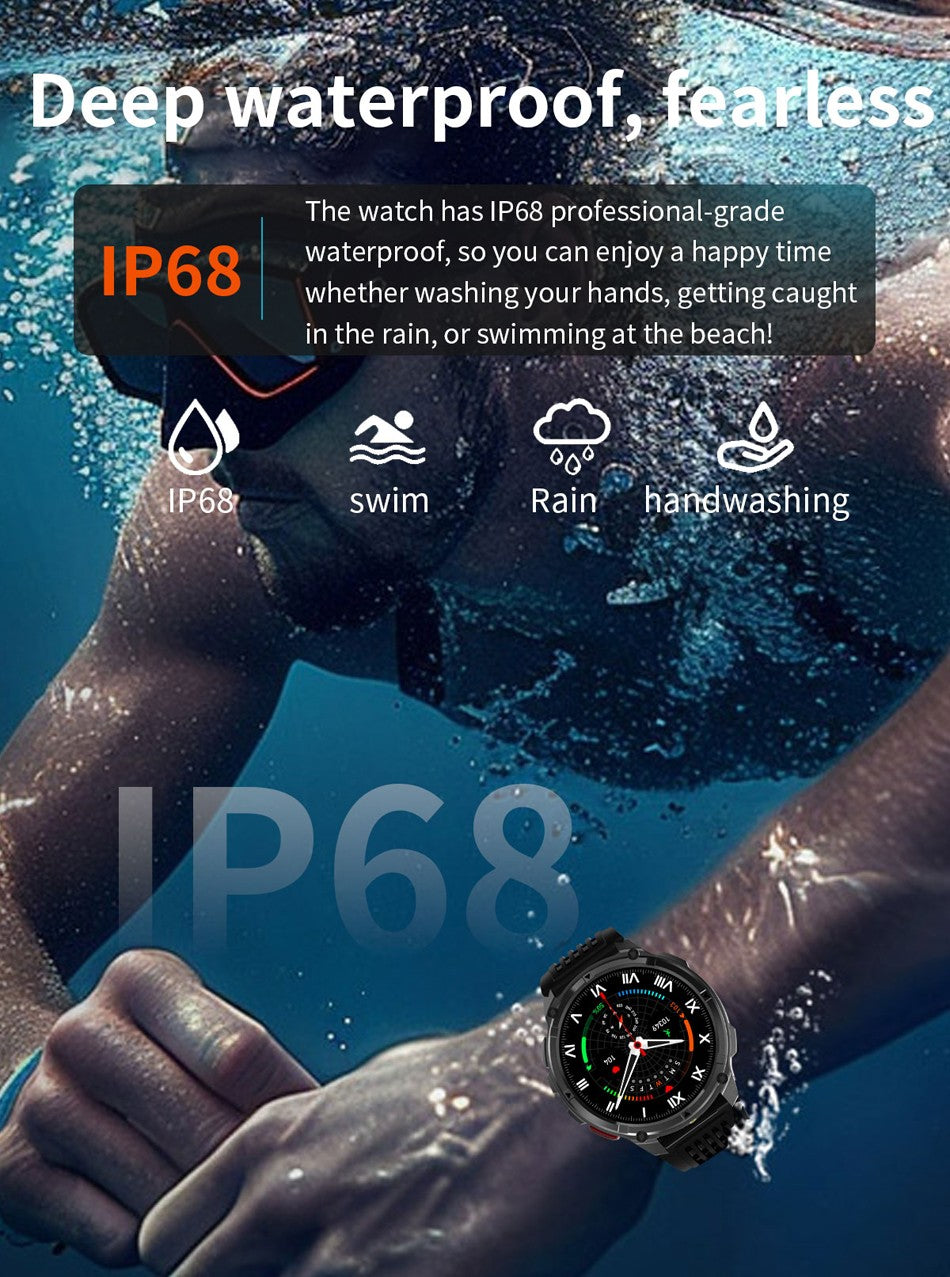 Relógio Inteligente Militar para Homens, Bateria de 1100mAh, Bússola, Monitor de Fitness, Tela AMOLED HD, Chamada BT, Smartwatch para Android IOS