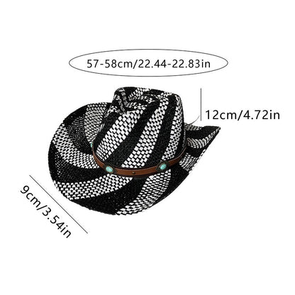 Ethnic Style Contrast Color Straw Cowboy Hat Mens Wide Brim Western Caps with Belt for Outdoor Party Vacation Sun Hats