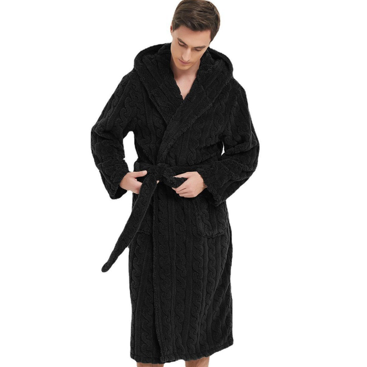New American Cotton Velvet Jacquard Hooded Men's Dressing Gown with Fleece Thickened Autumn and Winter Couple Dressing Gown