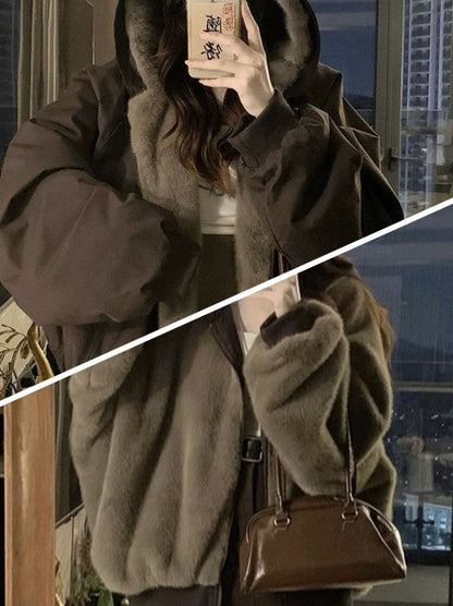 American Retro Reversible Velvet Zipper Hooded Jacket Women Winter Fashion Street Thick Loose Warm Harajuku Casual Plush Jacket