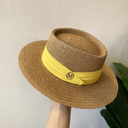Chapéu de Palha Feminino de Verão Chapéu de Sol Luxuoso Feminino Chapéu de Praia de Proteção Solar da Moda Chapéu Panamá Francês Chapéu Raff de Aba Larga com Topo Abaulado