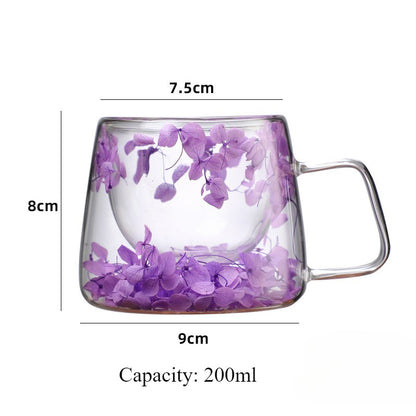 Copo de Vidro de Parede Dupla 200ml Transparente com Padrão de Flores Caneca de Chá Leite Café com Alça Presente para Amigos Copo de Água para Casa
