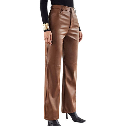 Leather Pants For Women High Waist Straight Slimming Side Pockets Solid Color Casual Party Spring Fall Trousers