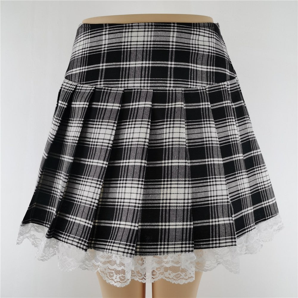New Contrast Lace Plaid Pleated Skirt Vintage Sexy Skater Clothes Harajuku Gothic Punk England Style Y2k Skirt