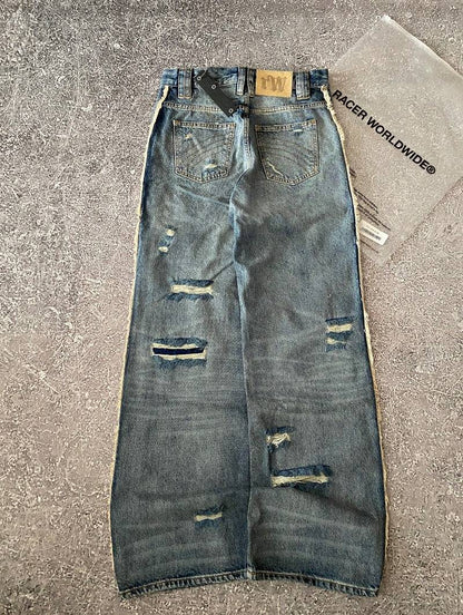 Y2K American New Pattern Embroidery Wash Baggy Jeans Men High Street Vintage Hip Hop Fashion Casual Joker Couple Wide-leg Pants