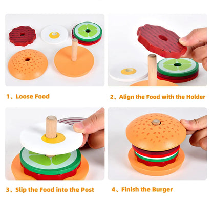 Wooden Burger Sandwich Stacking Toys For Toddler Kids Preschool Learning Educational Toys Pretend Play Food Kitchen Toys Gifts