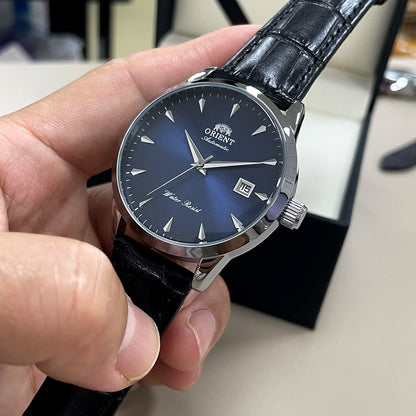 Orient Automático Masculino, Mostrador Preto, Pulseira de Aço Inoxidável, Relógio de Pulso Clássico de Negócios Resistente à Água com Exibição de Data