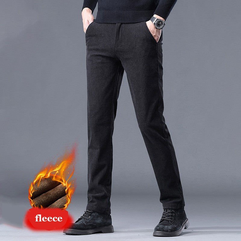New Fleece Pants Men Casual Work Business Trousers Winter Corduroy Straight Slim Pants Outdoor Streetwear Thick Warm Sweatpants