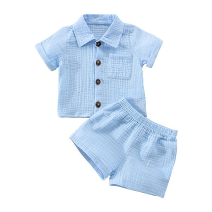 Cotton Linen Casual Toddler Baby Boys Summer Outfits Solid Short Sleeve Pocket Button Down Lapel Shirt + Shorts 2PCS Clothes Set