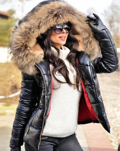 Women’s Short Coat with Fur Collar Winter Warm Quilted Jacket Outerwear