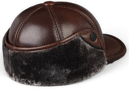 High Quality Genuine Leather Hats Winter First Layer Cowhide Warm Earmuffs Bomber Caps Plus Velvet Thicken Man Bone Caps Dad Hat