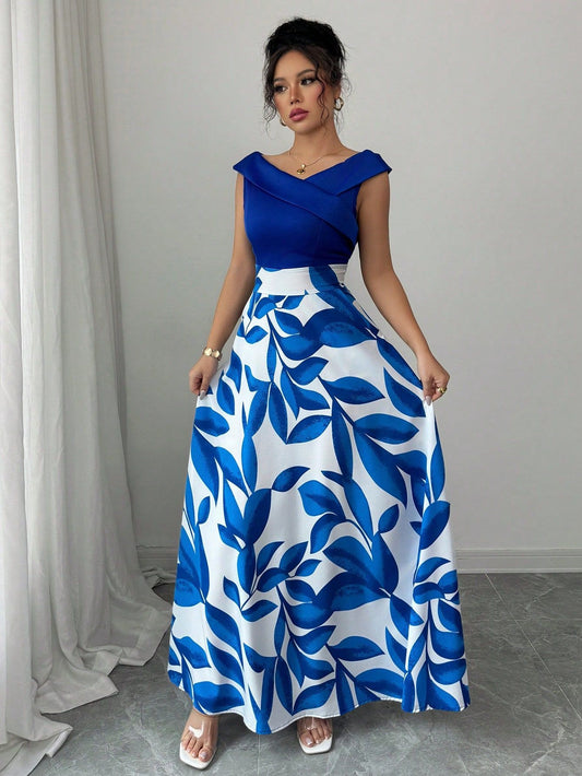 Women's Blue White Floral Maxi Dress Asymmetric Neckline Color Block Design Ideal for Evening Events Garden Parties Elegant Styl
