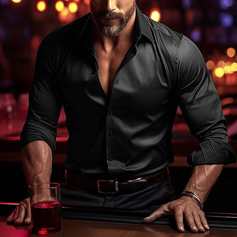 Men's Shirt High Quality Soft Fabric Solid Color Wedding Holiday Black White Burgundy Blue Long Sleeve Lapel Shirt 6XL Clothing