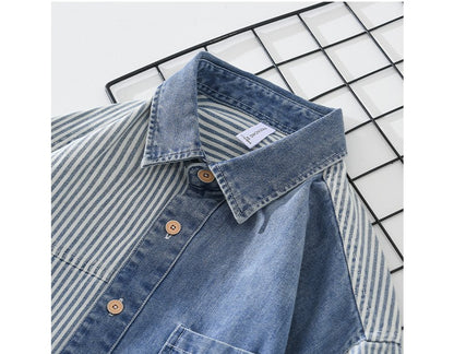 New Men's Denim Shirts Spring Streetwear Long Sleeve Jean Tops Slim Stripe Patchwork Design Cowboy Shirt Youth Fashion Overshirt