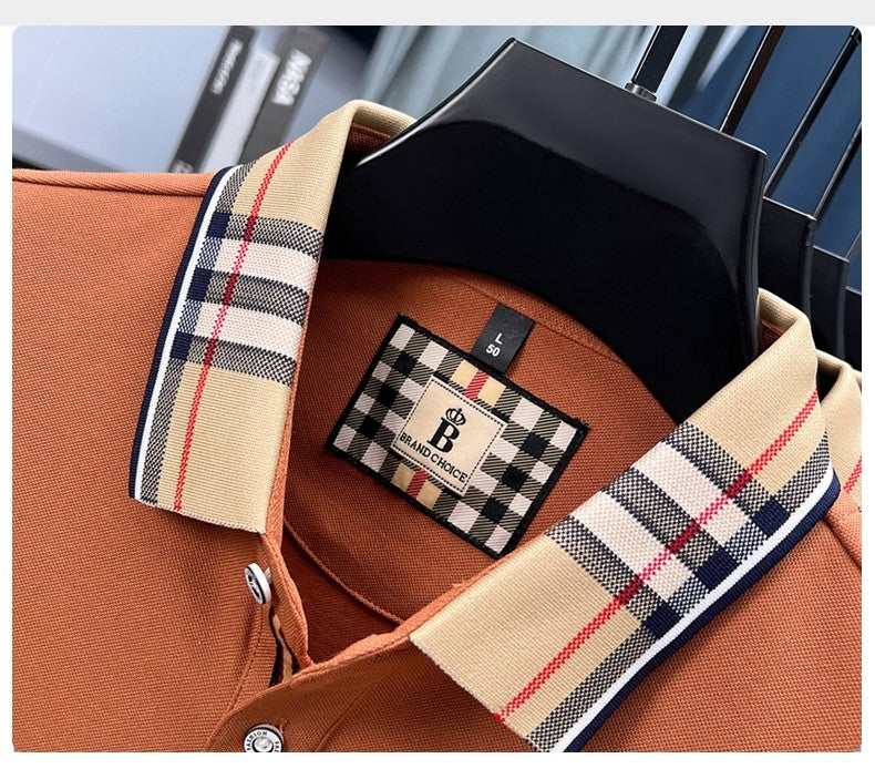 Luxury brand long sleeve polo shirt men comfortable casual autumn item silk cotton high-end Korean fashion plaid lapel T-shirt