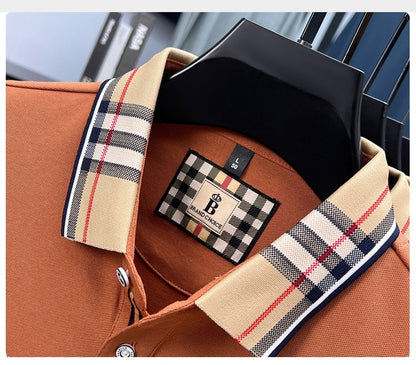 Luxury brand long sleeve polo shirt men comfortable casual autumn item silk cotton high-end Korean fashion plaid lapel T-shirt
