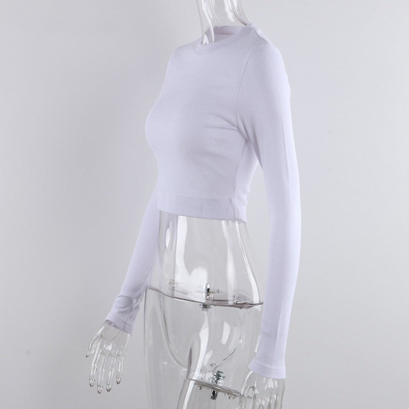 O Neck Long Sleeve Shirt Women Ribbed Sexy Cropped Tops 2024 Spring Black Casual Skinny Slim Basic Woman T Shirts White