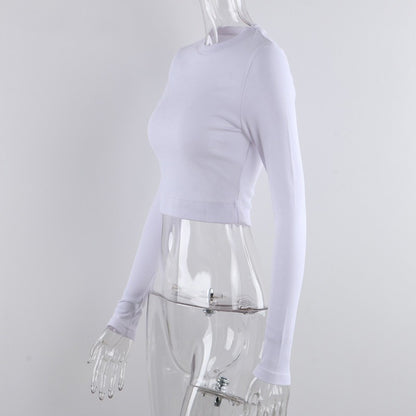 O Neck Long Sleeve Shirt Women Ribbed Sexy Cropped Tops 2024 Spring Black Casual Skinny Slim Basic Woman T Shirts White