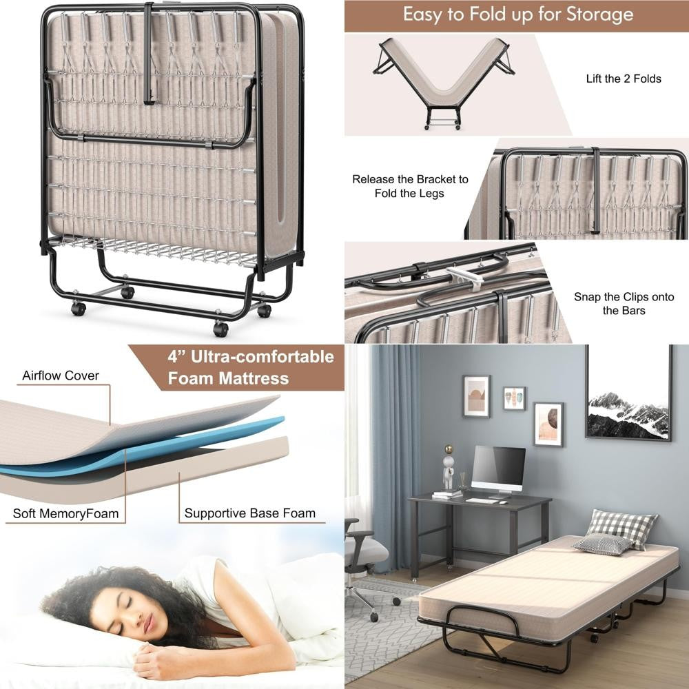 Portable Adult Guest Bed with 4-Inch Mattress and Four Wheels for Space-Saving Storage