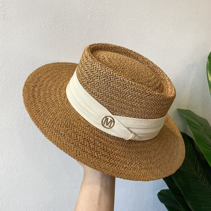 Chapéu de Palha Feminino de Verão Chapéu de Sol Luxuoso Feminino Chapéu de Praia de Proteção Solar da Moda Chapéu Panamá Francês Chapéu Raff de Aba Larga com Topo Abaulado