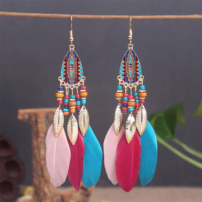 Brincos femininos longos de pena estilo boho, praia, com borla longa, miçangas, flores artesanais esmaltadas, para noiva, casamento, Pendientes Mujer