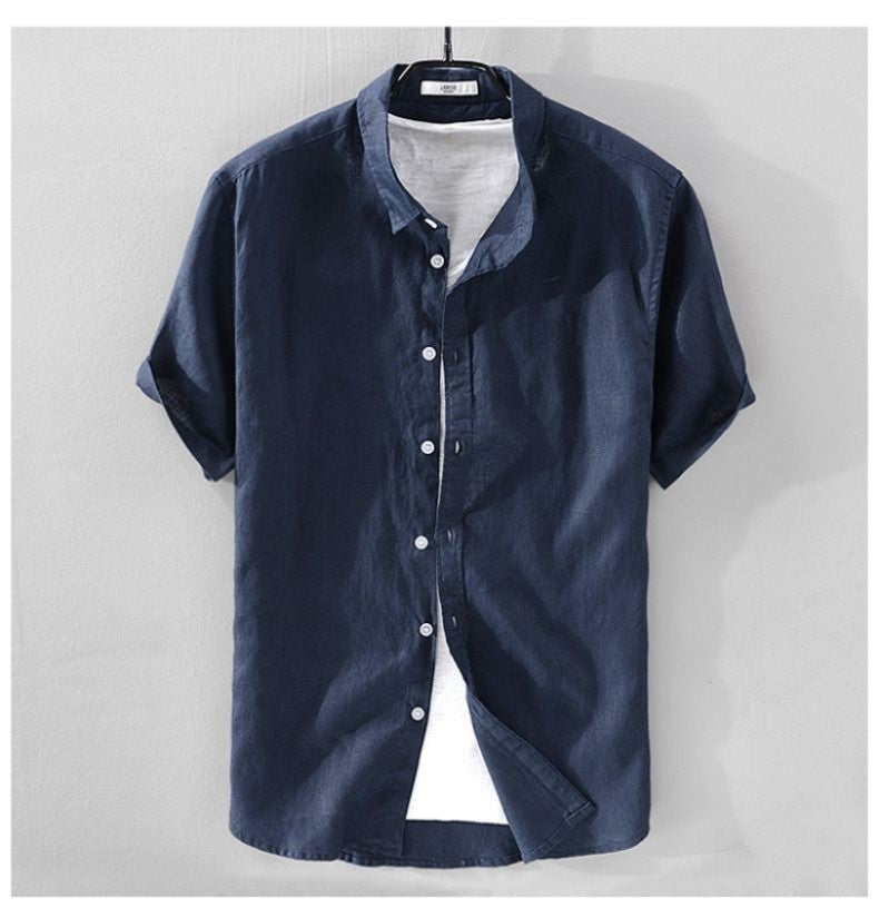 100% Linen Short Sleeve Shirt Men Cotton Linen Clothing Top Casual Summer Half Sleeve Shirt Loose Style Square Collar