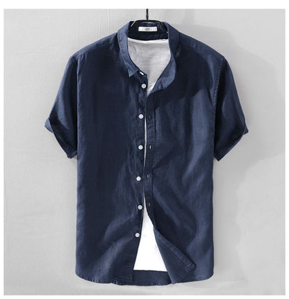 100% Linen Short Sleeve Shirt Men Cotton Linen Clothing Top Casual Summer Half Sleeve Shirt Loose Style Square Collar