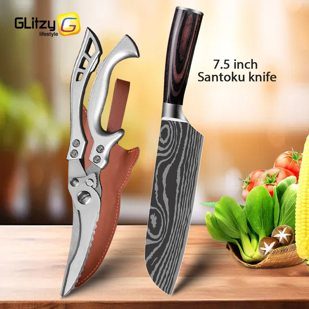 Conjunto de Facas Japonesas com Bloco e Amolador de 8 polegadas, Facas de Cozinha de Aço Damasco a Laser com Tesoura de Cozinha e Cabo de Madeira