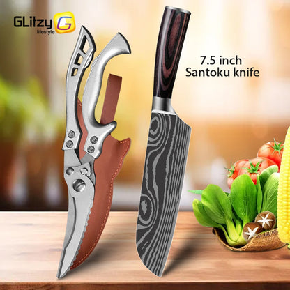 Conjunto de Facas Japonesas com Bloco e Amolador de 8 polegadas, Facas de Cozinha de Aço Damasco a Laser com Tesoura de Cozinha e Cabo de Madeira