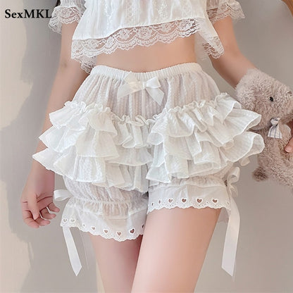 Kawaii Gothic Summer Lace Shorts Women Vintage Elastic Waist Lolita Y2k Hot Pants Girls Bow Ruffles Casual White Black Shorts