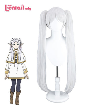 Peruca Sintética L-email wig Sousou no Frieren Frieren Cosplay 90cm Prata Branca Peruca com Dois Rabos de Cavalo Perucas de Halloween