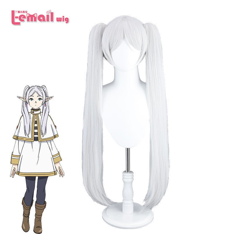 Peruca Sintética L-email wig Sousou no Frieren Frieren Cosplay 90cm Prata Branca Peruca com Dois Rabos de Cavalo Perucas de Halloween