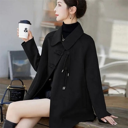 High Quality Woolen Coat Women 2025 Autumn Winter New Cloak Long Wool Jacket Chinese Retro Buckle Ladies Overwear Korean Outcoat