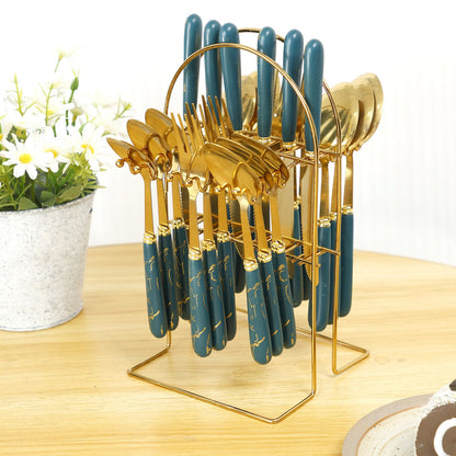 24Pcs Silverware Set with Hanging Holder Stainless Steel Flatware Set Mirror Polished Forks Knives Spoon Tableware Set for Home
