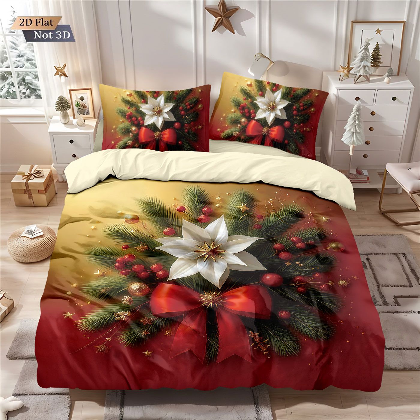 3pcs Christmas red floral print coreless duvet cover set multi size bedroom bedding holiday decoration soft  machine washable