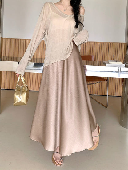 Plus Size Satin Half-Body Skirt Female 2026 Spring New Korean Fashion Temperament Elegant Solid Casual A-line Skirts