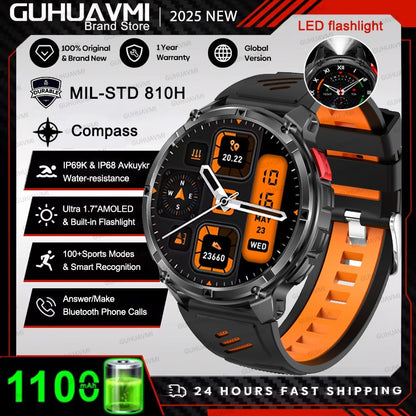 Smartwatch Masculino 2026 Novo Militar 1100mAh Bateria Tela AMOLED 1.7" Bússola GPS Lanterna Chamada Bluetooth 5ATM Natação