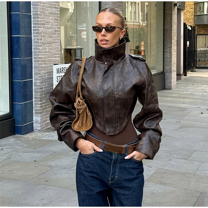 Vintage Women's Cropped Faux Leather Jacket Stand Collar Balloon Sleeve Biker Style PU Leather Coat Streetwear Fashion Outfit