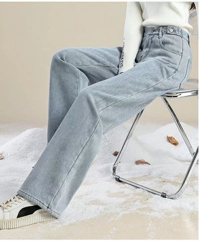 Thickened Fleece Lined Retro Women's Wide Leg Jeans Winter New Style Hong Kong Flavor Small Size Straight Cut Warm Trousers