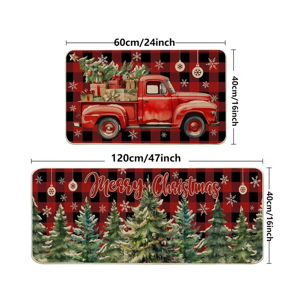 VIKAMA 1/2pcs Christmas Kitchen Rugs Truck Christmas Tree Bedroom Hallway Rugs Entry Welcome Doormat Home Decoration