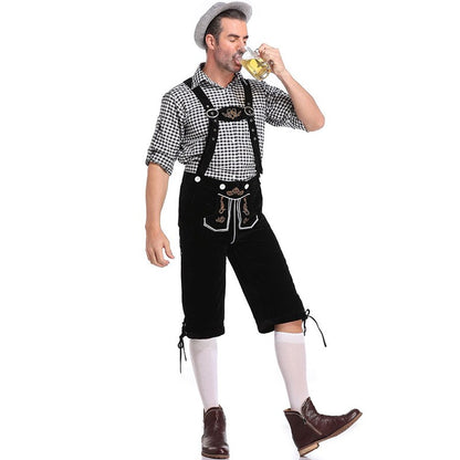 Germany Oktoberfest Costumes Adult Men Traditional Bavarian Beer Shorts Outfit Overalls Shirt Hat Suspenders Set Halloween Cloth