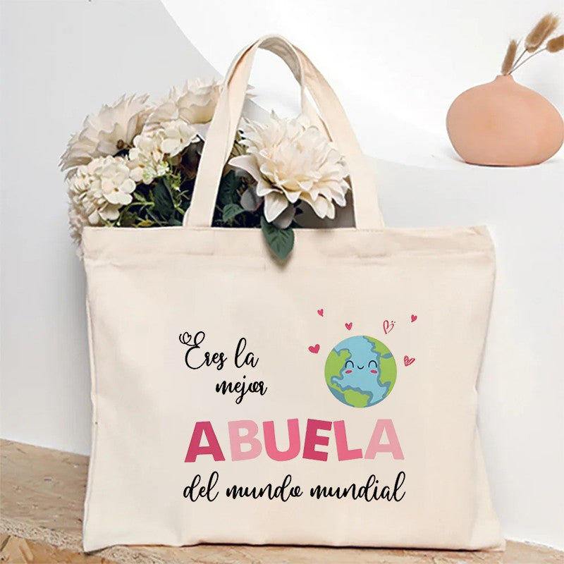 Spanish Abuela Quote Tote Bag Vibrant Shoulder Handbag with Heart Ribbon Design Perfect for Mother’s Day & Grandma Appreciation